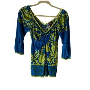 Hale Bob XS Tunic Top Blue Green Floral Long Sleeve V Neck Boho Chic Blouse SIlk